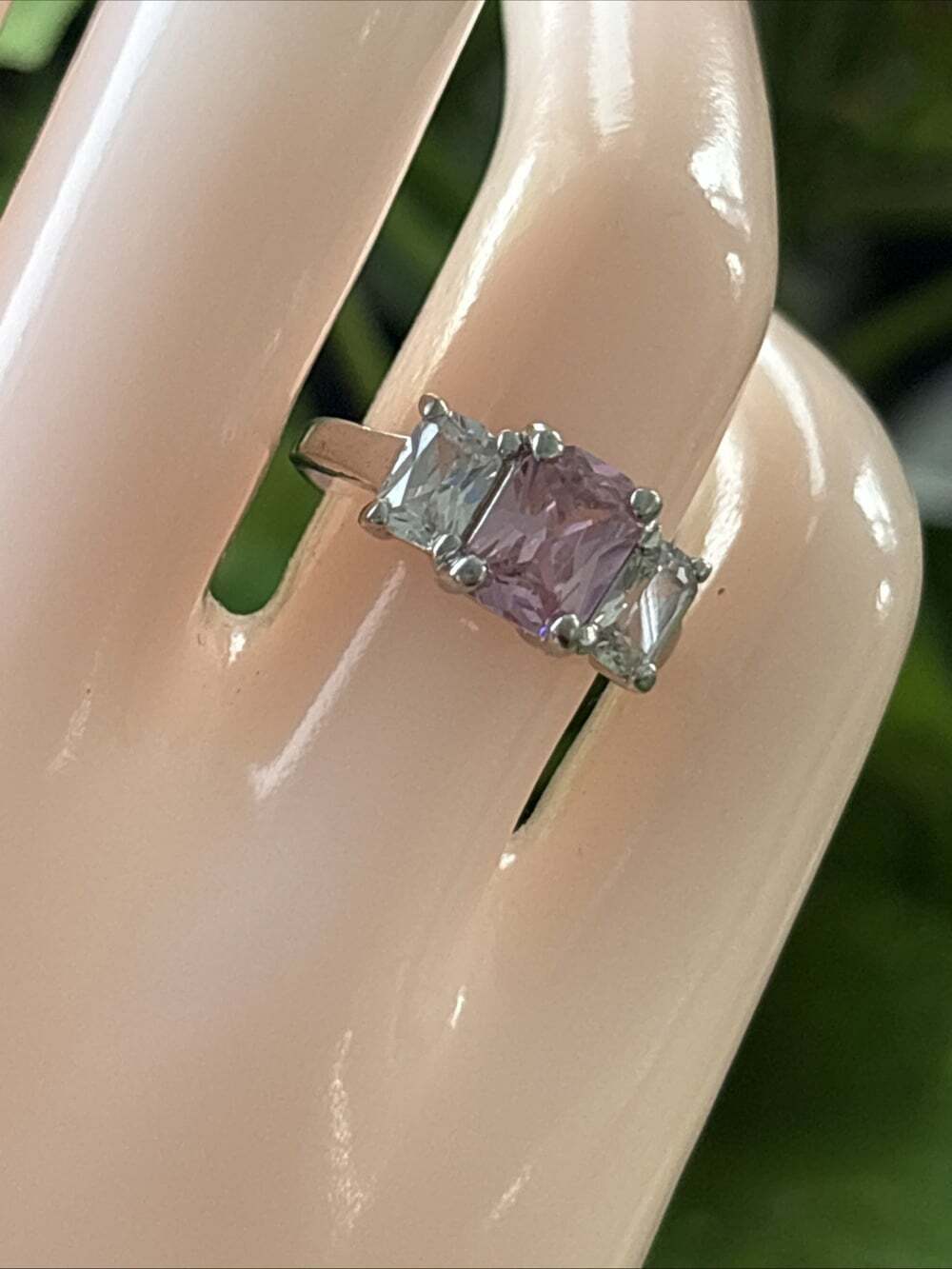 Sterling Silver Three-Stone Pink Center Ring - Elegant Pink Accent - Picture 10 of 13